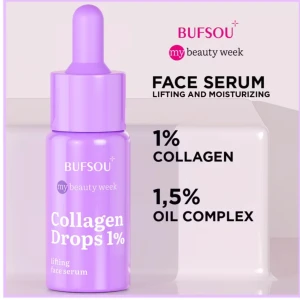 Lila ansiktsserum från BUFSOU - Ansiktsserum med 1% kollagen och 1,5% oljekomplex för lyftande och återfuktande effekt. Kommer i en lila flaska med pipett för enkel applicering.