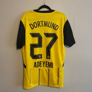 Borussia Dortmund fotbollströja 24/25 hemma  - Säljer en gul Borussia Dortmund fotbollströja med svarta detaljer och randigt mönster. Tröjan har korta ärmar och tryck med nummer 27 och namnet Adeyemi på baksidan. BVB 09-logga och Champions League-märke på ärmen. Perfekt för fans av laget!