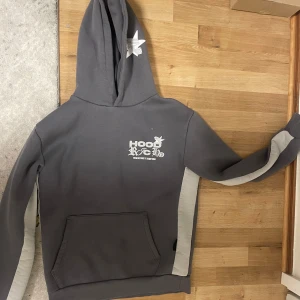 Grå hoodie med vita detaljer från Hoodrich - Säljer en grå hoodie från Hoodrich med vita detaljer längs sidorna och på ärmarna. Tryckt logga och motiv på bröstet samt en stjärna på huvan. Stor ficka framtill och mjukt material, perfekt för en avslappnad stil.