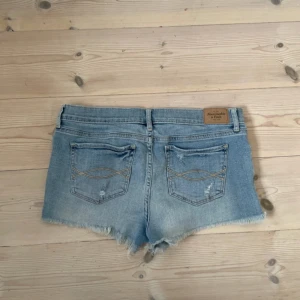 Ljusblå jeansshorts med broderi - Säljer ett par ljusblå jeansshorts från Abercrombie & Fitch med slitna detaljer och broderade blommor framtill. Shortsen har fransig kant och klassisk femficksdesign. Perfekta för varma dagar! Skriv om du vill ha flera bilder! Kolla gärna in de andra shortsen jag säljer.