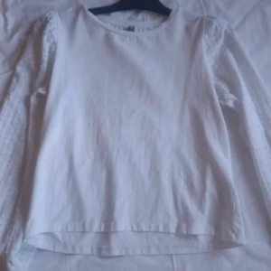 Vit blus med spetsdetaljer - Säljer en stilren vit blus med långa spetsärmar. Blusen har en rund halsringning och är perfekt för en elegant look. Ärmarna har ett vackert spetsmönster som ger en romantisk touch.