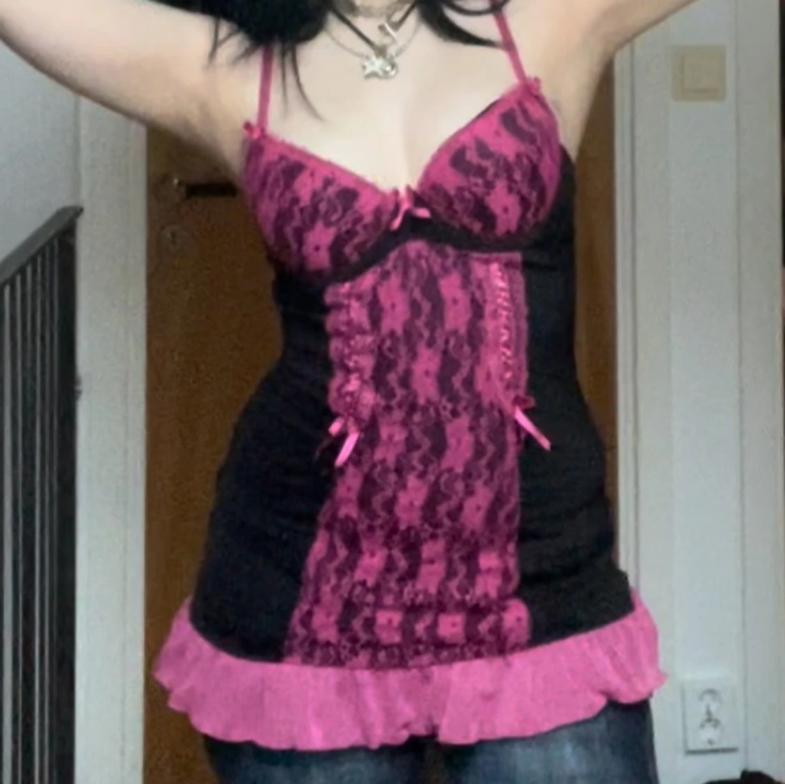 Rosa och svart y2k lingerie klänning - 3