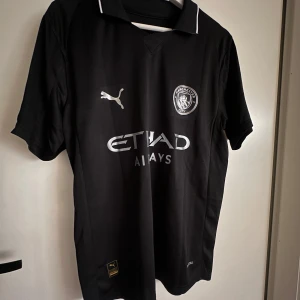 Manchester City Bortaställ 25/26 Cherki  - Snygg svart Manchester City fotbollströja från Puma med silverfärgade detaljer och tryck. Tröjan har korta ärmar, klassisk krage med vit kant, och är tillverkad i lätt, ventilerande polyester. På ryggen står CHERKI och nummer 29 i vitt. Premier League-märke på ärmen.