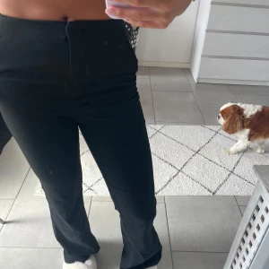 Svarta bootcut byxor med mellan-hög midja - Snygga svarta byxor med bootcut passform och mellan-hög midja. De har en stilren look utan synliga fickor eller detaljer framtill, vilket ger en clean och modern vibe. Perfekta att matcha med crop tops eller hoodies för en chill och trendig outfit.