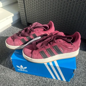 Adidas Campus vinröda/lila sneakers mocka - Säljer ett par Adidas Campus sneakers i vinrött/lila (Färgen heter Maroon). Storlek 37 1/3. De är helt nya å oanvända. Skorna är i mocka. Medföljer extra svarta skosnören som kom med när jag köpte de. Kartongen är skadad men jag skickar med en kartong utanför:) 