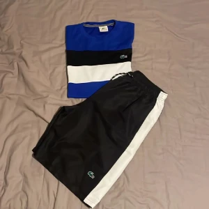 Blå och vit randig Lacoste t-shirt - Snygg t-shirt från Lacoste i blått med breda svarta och vita ränder över bröstet. Klassisk krokodillogga på vänster sida. T-shirten har rund hals och korta ärmar, perfekt för en sportig och chill stil. Materialet är mjukt och känns skönt mot huden.