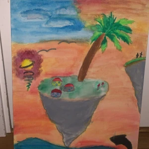 Fantasimålning på duk med svävande öar - Unik tavla målad på canvas med motiv av svävande öar, palmer, små hus och en färgglad himmel. Målningen har inslag av blått, orange, grönt och rött. Akrylfärg på uppspänd vit duk. Perfekt för dig som gillar fantasifulla och färgstarka konstverk.