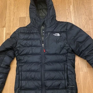 Svart dunjacka från The North Face - Säljer en svart dunjacka från The North Face med huva och dragkedja. Jackan är quiltad och har märkets logga på bröstet samt 550-brodyr på ärmen. Perfekt för kyliga dagar och enkel att matcha med det mesta. Väldigt fint skick också, dm för frågor 