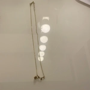 halsband - säljer detta fina guldiga halsband pågrund av att jag inte längre använder mej av guld halsband utan föredrar silver!även knappt oanvänd, en liten fin ros på.