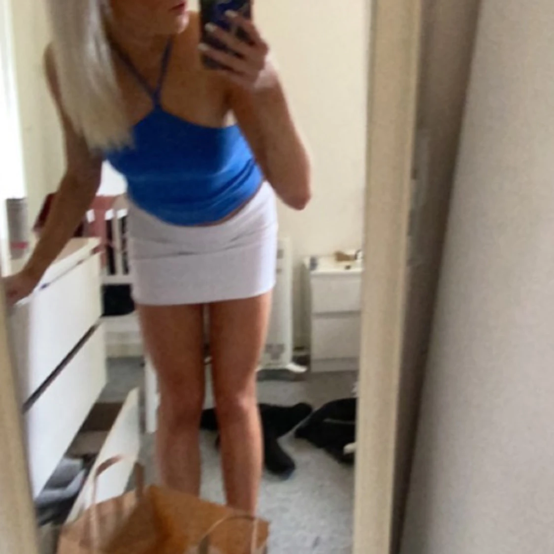 Blå croppad halterneck linnetopp - 2