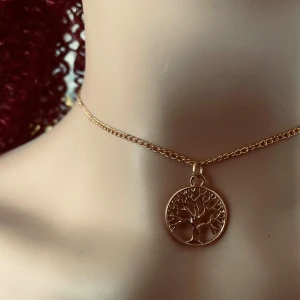 By prisförslag- Guldigt halsband med livets träd - Choker-halsband i guldtonad metall med en rund berlock som har ett detaljerat livets träd-motiv. Kedjan är tunn och smidig, perfekt för att ge en stilren touch till din look. Berlocken är öppen i designen och ger ett elegant intryck.