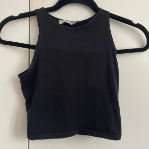 Svart croppad linnetopp - En enkel och stilren svart croppad linnetopp med hög halsringning och ärmlös design, köpt i Venedig. Perfekt att matcha med jeans eller kjol för en clean look. Gjord i mjuk bomull som känns skön mot huden.