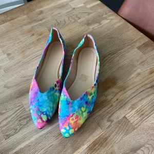 Färgglada ballerinaskor med leopardmönster - Säljer ett par ballerinaskor med spetsig tå och färgglatt  i blått, rosa, gult och grönt. Skorna har platt sula och är perfekta för dig som vill sticka ut med din stil.Helt nya eu storlek 39