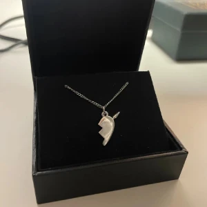 Maria Nilsdotter liknande halsband  - Säljer ett stilrent halsband i silverfärg med ett hajtandsformat hänge. Kedjan är tunn och smidig, perfekt för dig som gillar unika detaljer. Levereras i en snygg svart ask.