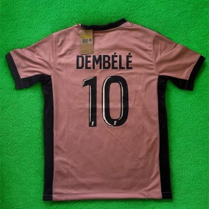 PSG Dembélé rosa matchtröja S - Rosa PSG fotbollströja med svarta detaljer, Dembélé och nummer 10 på ryggen. Tröjan har svart vertikal rand på framsidan, svart krage och ärmslut. Tillverkad i lätt och ventilerande polyester, perfekt för fotbollsplanen.