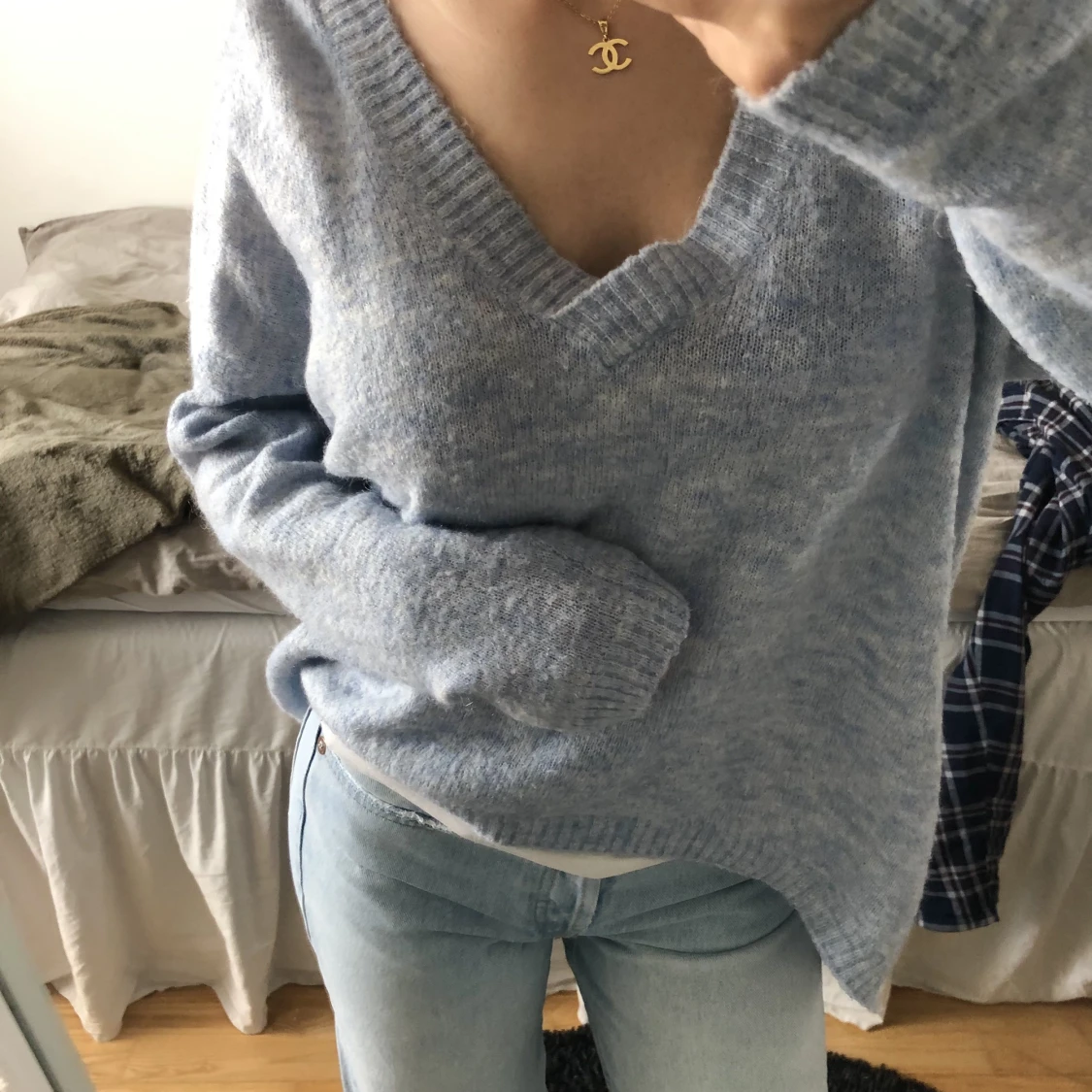 blå stickad tröja  - 90