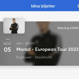 Morad biljett - Säljer 3 biljetter till Morads konsert i fryshuset Stockholm, söndag 5 november. Säljer då varken jag eller mina vänner tyvärr inte längre kan gå på konserten. Biljetterna går att köpa ihop eller separat en och en