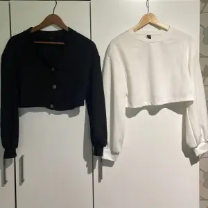 Säljer två fina tröjor i storlek 36, en svart en vit i olika material. Bild 3 visar en liten, liten fläck som finns längst ner på framsidan av den vita tröjan. 