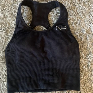 svart träningstopp - En svart tränings topp/bh i storlek xs/s. Använd fåtal gånger, den är i nyskick. Märket är NR. Korsad rygg som du även kan ändra storleken på. Det är inlägg men dom går lätt att ta ut och sätta dit igen. Inga defekter som hål eller slitningar. nypris 199