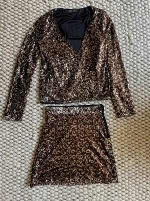Glittrigt set kjol och blus med mönster från Zara strl XS  - Glittrigt set med mönster från Zara strl XS  Kjol och blus. Använt sparsamt. Säkert 2 gånger.  Reserverar mig för att enstaka palett åkt av men plaggen har tagits hand om varsamt. Finner inga skador. Skicket är nästan som nytt.  Har även sytt på en osynli