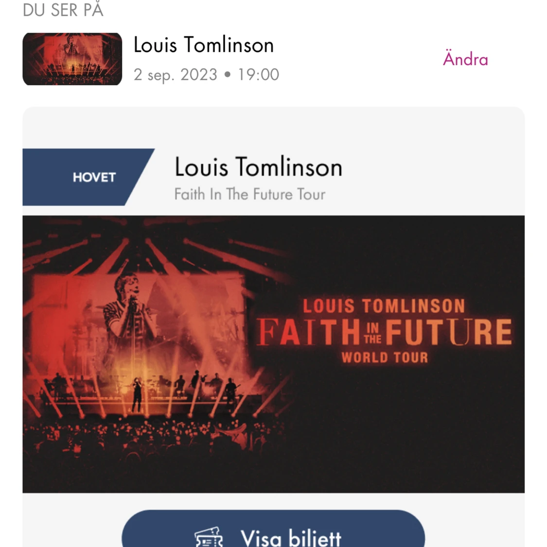 Säljer 1 ståplats biljett till louis tomlison Stockholm 02/09 2023 - 90