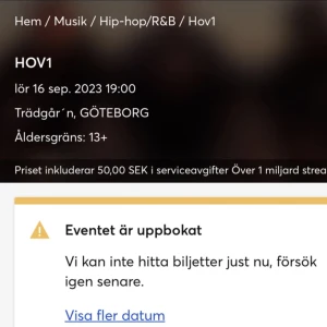 SÄLJER - Jag säljer 1 biljett till Hov1 i Gbg den 16:e då det är inte 13+ som åldersgräns❤️