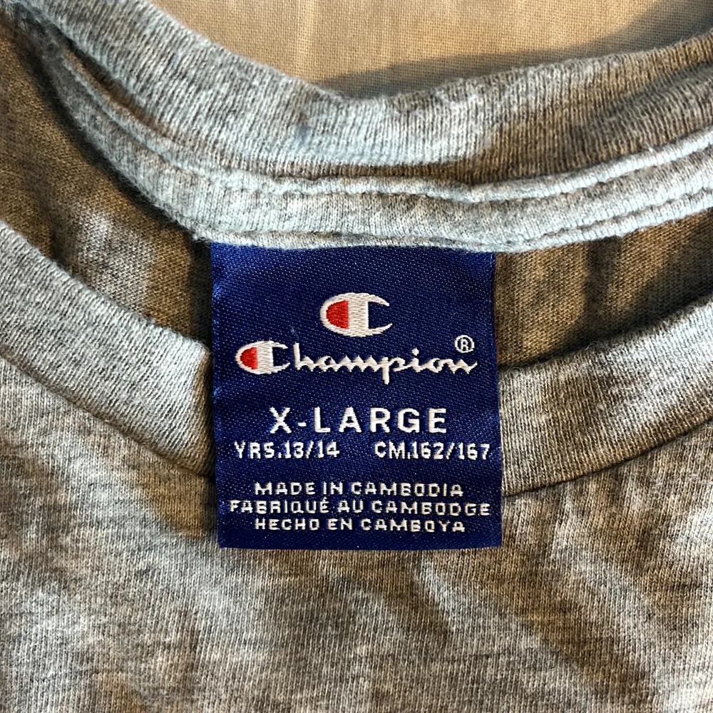 Grå Champion t-shirt med en liten champion logga på vänster arm Skick: 9/10. T-shirts.