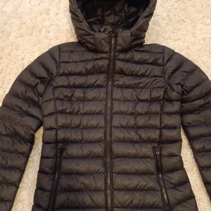 Svart dunjacka från Everest - Säljer en svart dunjacka från Everest med huva och dragkedja framtill. Jackan har en quiltad design och långa ärmar, perfekt för kyligare dagar. Den är både stilren och funktionell.