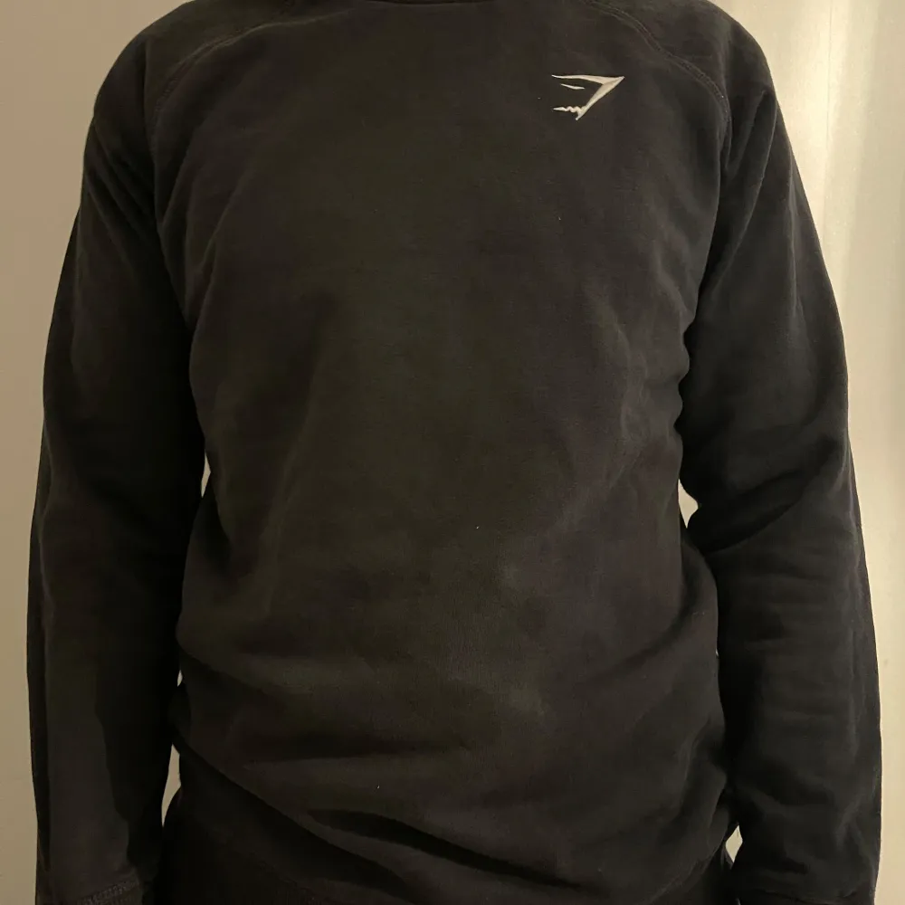 Säljer en svart tröja från Gymshark i storlek S. Den är perfekt för träning eller en chill dag. Tröjan har en enkel design med Gymshark-loggan på bröstet och är gjord i ett mjukt material. . Tröjor & Koftor.