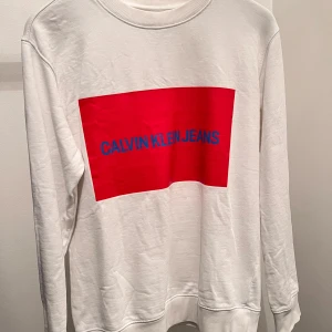 Vit sweatshirt från Calvin Klein Jeans - Säljer en stilren vit sweatshirt från Calvin Klein Jeans med ett stort rött tryck och blå text på framsidan. Tröjan har långa ärmar och en rund halsringning. Perfekt för en avslappnad look.