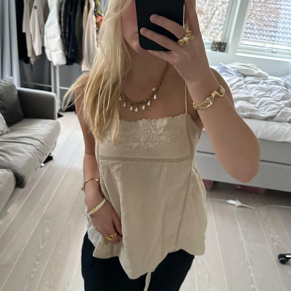 Säljer ett superfint beige linne med tunna axelband och vacker spetsdetalj framtill. Linnet har en lös passform och är tillverkat i ett lätt och bekvämt material. Märket är ZARA och storlek XS. Nypris 379kr. Toppar.