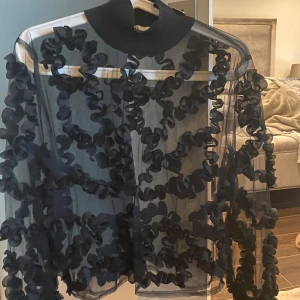 Svart transparent blus med volanger - Säljer en superfin svart transparent blus med volanger över hela tyget. Perfekt för en festlig kväll eller en utekväll med vänner. Blusen har en hög krage och långa ärmar, vilket ger den en elegant touch. Den är både chic och unik, och kommer definitivt att dra blickarna till sig!