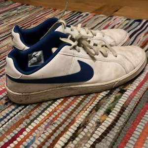 Säljer ett par vita Nike sneakers med blå detaljer. De har en klassisk design med snörning och är i bra skick, men lite smutsiga. Perfekta för vardagsbruk eller träning. Storleken är herr 45. 