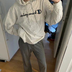Grå hoodie från Champion - Säljer en superbekväm grå hoodie från Champion. Den har en klassisk passform med en stor logga på bröstet. Perfekt för chill dagar eller när du vill ha en avslappnad stil. Den är i bra skick och redo för nya äventyr!
