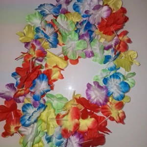 Hawaiiansk blomsterkrans - Säljer 2 livfulla och färgglada blomsterkransar i 2 storlekar. Perfekt för fester och evenemang. Blommorna är jämnt fördelade och ger en tropisk känsla. Garderobsrensning så kika gärna på övriga auktioner. 