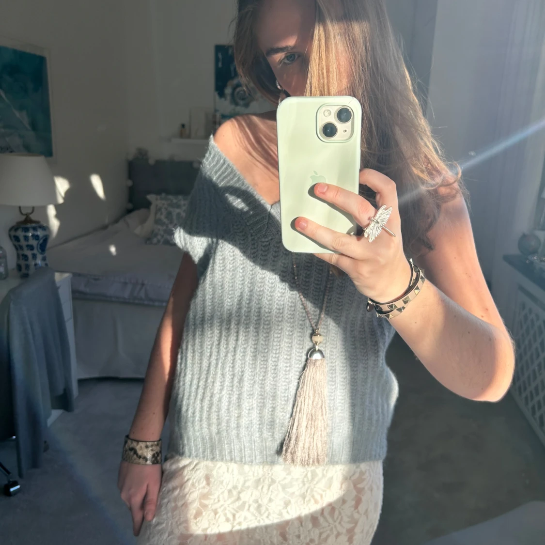 Grå ribbad offshoulder topp - 1