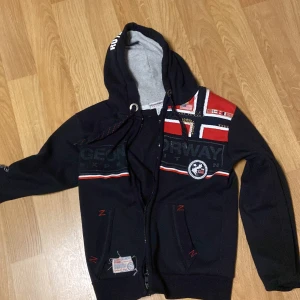 Svart hoodie från Geographical Norway - Säljer en svart hoodie från Geographical Norway med norsk flagga och tryckdetaljer. Tröjan har dragkedja och huva med snörning. Perfekt för kyliga dagar.