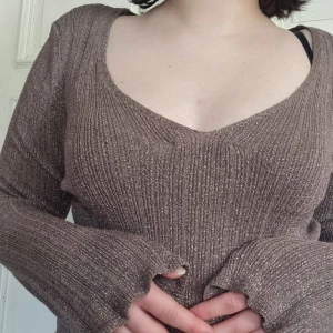 Brun glittrig ribbad tröja - Säljer en brun glittrig ribbad tröja med v-ringning och långa ärmar. Tröjan har en fin glans och är perfekt för att lägga till lite extra stil till din outfit. Passar bra till både jeans och kjol.