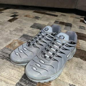 Nike Tn skor - Säljer ett par Nike Tn skor typ använda i 3 veckor finns lite märken men går bort om man skulle tvätta dem bra om man tvättar dom ser dom ut som nya  storlek 45 sitter i grå färg lite sliten på sidan som ni kan se på sista bilden.