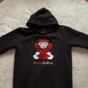 Svart hoodie från BloccBabys - Säljer en svart hoodie från BloccBabys i storlek M. 1/3 tillverkade, rhinestones på trycket på framsidan samt DTF tryck på texten på ryggen. Extremt bra kvalitet.