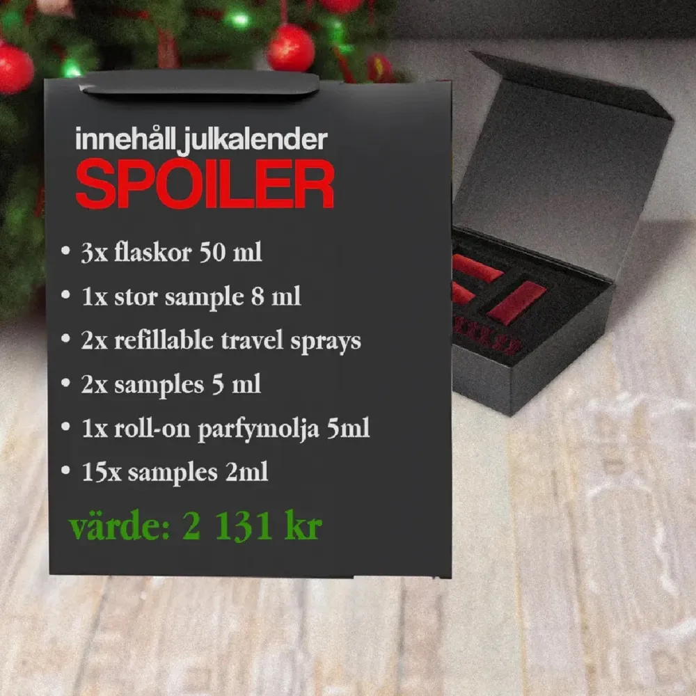 ‼️Skickas så fort den kommit fram‼️.                 Denna julkalender innehåller en lyxig samling av parfymer: 3 flaskor à 50 ml, 1 stor sample på 8 ml, 2 påfyllningsbara travel sprays, 2 samples à 5 ml, 1 roll-on parfymolja på 5 ml och 15 samples à 2 ml. Perfekt för att upptäcka nya dofter under hela december!. Parfym.