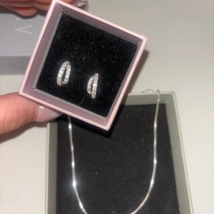 Elegant silverfärgat smyckeset - Säljer ett stilrent smyckeset med ett par glittriga örhängen och ett matchande halsband, inget av det är använt då silver inte är min stil💓💓köpt för 200 kr tsm 