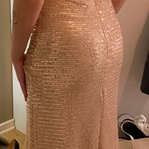 Champagnefärgad paljettklänning - Elegant champagnefärgad klänning med glittrande paljetter. Klänningen har en tight passform och offshoulder-ärmar som ger en sofistikerad look. Perfekt för festliga tillfällen. Säljer denna då jag hittade en annan balklänning! Finns en i silver oxå (se bild 1) säljer en för 550kr och båda för 1000kr