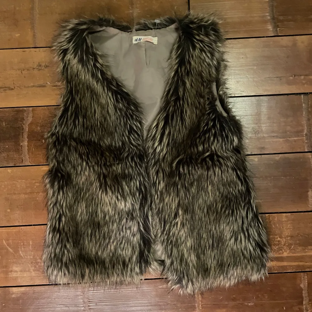 Säljer en snygg pälsväst från H&M. Västen är perfekt för att ge din outfit en trendig touch. Den är ärmlös och har en mjuk, fluffig textur som ger en lyxig känsla.. Takit.