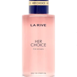 La Rive Her Choice Eau de Parfum🩷 - Elegant och feminin parfym från La Rive, Her Choice, i en stilren glasflaska med svart lock och guldiga detaljer. Doften är blommig och fruktig, perfekt för den moderna kvinnan. Flaskan kommer i en rosa kartong med guldtext. Ungefär 60% kvar❤️