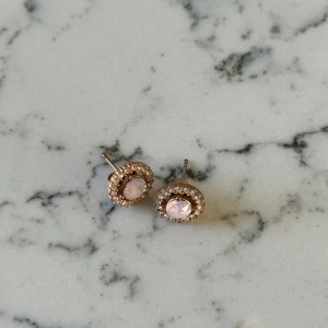 Glittriga örhängen med rosa stenar från Lilly & Rose - Säljer ett par superfina örhängen med glittriga rosa stenar omgivna av små gnistrande kristaller. Perfekta för att ge en touch av glamour till vilken outfit som helst. Passar både till vardags och fest!