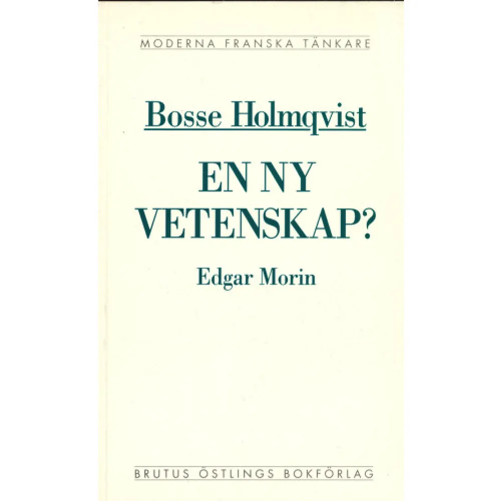 En kritisk läsning av den franske sociologen Edgar Morins La Méthode 1977-1991. Den franske sociologen Edgar Morin (född 1921) har sedan 60-talets slut ägnat sig åt den moderna vetenskapens konsekvenser för vårt sätt att tänka. Utifrån systemteori, cybernetik, teorier om allt levandes självorganisation och samspelet mellan ordning och oordning har Morin i sitt fyrabandsverk La Méthode (1977-1991) försökt utarbeta en ny världsbild, ett nytt sätt att se på världen, människan och kunskapen. En ny vetenskap? diskuterar detta projekt och dess slutsatser.    Format Häftad   Omfång 355 sidor   Språk Svenska   Förlag Brutus Östlings bokf Symposion   Utgivningsdatum 1993-04-01   ISBN 9789171391254  . Böcker.