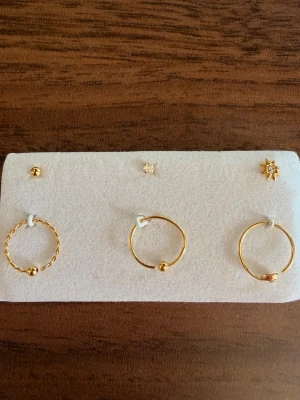 6-pack näspiercings i äkta silver m guld  - Piercingarna kommer i 18K guldpläterad Sterling Silver 925. Köpt från glitter. Säljer pga att det inte kommer till användning. Ringen i mitten är testad men rengjord, du väljer själv om du vill ha den eller ej. 