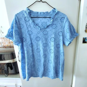 Blå broderad blus med volangkrage,M - Blå broderad blus med korta ärmar och volangdetaljer från Shein. Blusen har en V-ringning och är dekorerad med genombrutna broderier över hela plagget. Ärmarna är korta med resår och volang i ärmsluten. Passar bra för en avslappnad stil. Storlek L, liten i storleken, passar till storlek M!  Från armhålan till armhålan 52cm, längd 62cm.  100 bommul, utan elastan. Oanvänd, bara tvättat.