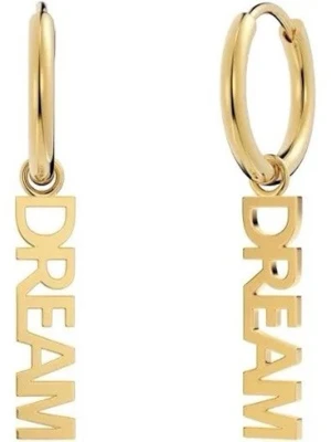 Guldiga örhängen med DREAM-hänge - Snygga örhängen i guldfärgad metall med hängande texten 'DREAM' i blockbokstäver. Runda hoops med modern och trendig design, perfekta för att ge din look en cool touch.